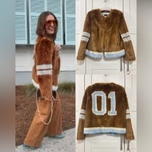 MOTHER Brown Faux Fur Jacket with Blue Accents S